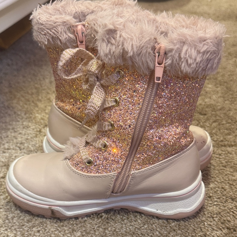 Kids Pink Glitter Fur-Trim Snow Boots